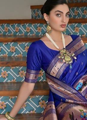 blue color banarasi paithani art silk saree with blouse 2