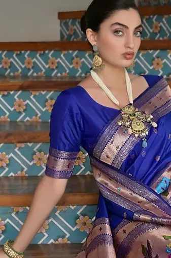 blue color banarasi paithani art silk saree with blouse