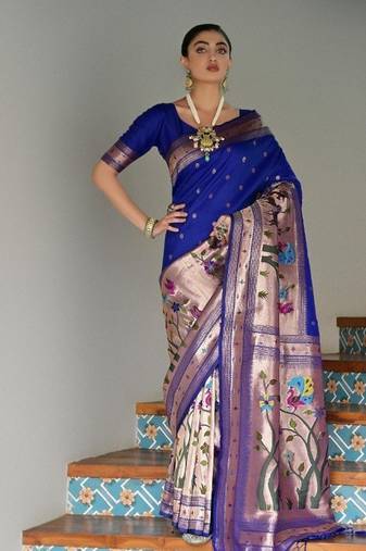blue color banarasi paithani art silk saree with blouse