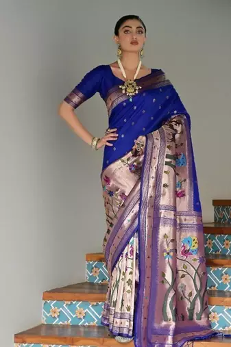 blue color banarasi paithani art silk saree with blouse