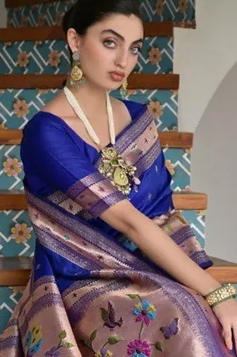 blue color banarasi paithani art silk saree with blouse