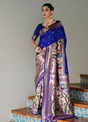 blue color banarasi paithani art silk saree with blouse 4