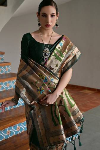 dark green color banarasi paithani art silk saree with blouse