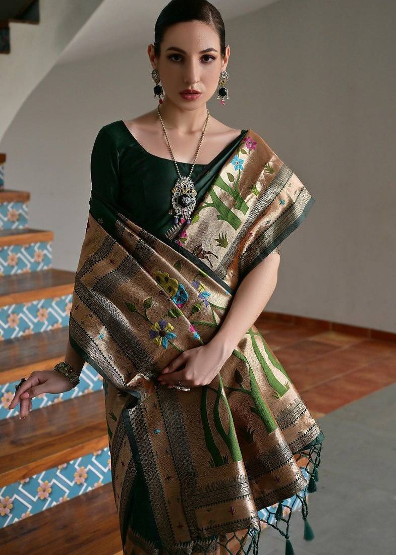 dark green color banarasi paithani art silk saree with blouse