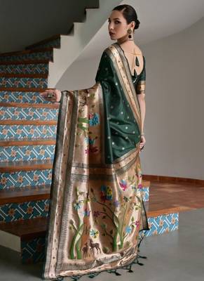 dark green color banarasi paithani art silk saree with blouse 2