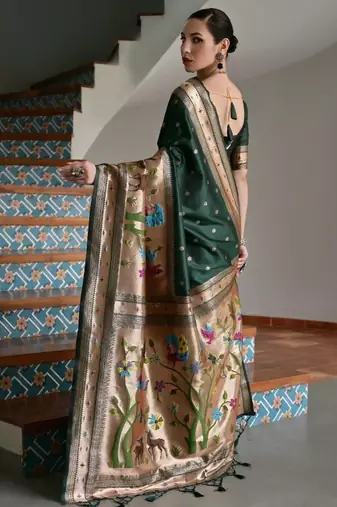 dark green color banarasi paithani art silk saree with blouse