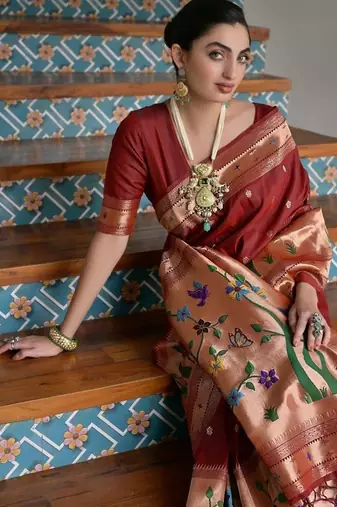 maroon color banarasi paithani art silk saree with blouse