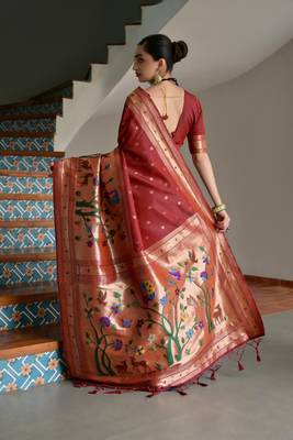 maroon color banarasi paithani art silk saree with blouse 3