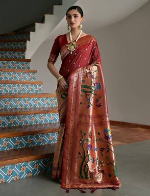 maroon color banarasi paithani art silk saree with blouse 4