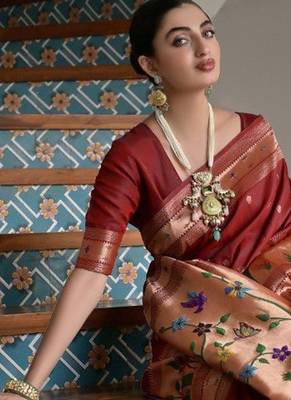 maroon color banarasi paithani art silk saree with blouse 5