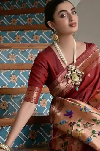 maroon color banarasi paithani art silk saree with blouse