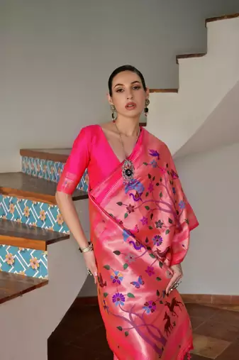 pink color banarasi paithani art silk saree with blouse