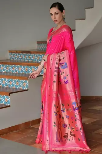 pink color banarasi paithani art silk saree with blouse