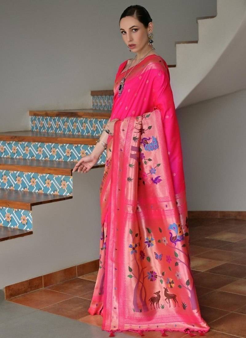 pink color banarasi paithani art silk saree with blouse