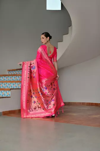 pink color banarasi paithani art silk saree with blouse