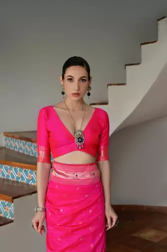 pink color banarasi paithani art silk saree with blouse