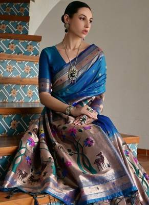 teal color banarasi paithani art silk saree with blouse 1