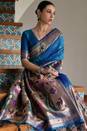 teal color banarasi paithani art silk saree with blouse