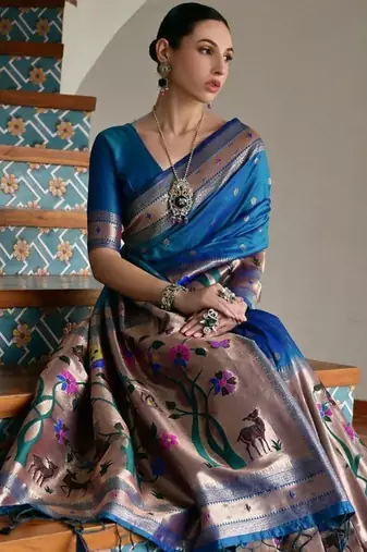 teal color banarasi paithani art silk saree with blouse