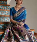 teal color banarasi paithani art silk saree with blouse