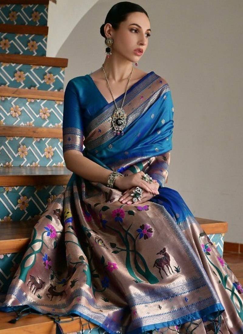 teal color banarasi paithani art silk saree with blouse