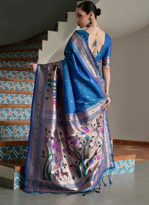 teal color banarasi paithani art silk saree with blouse 2