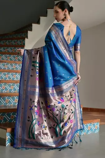 teal color banarasi paithani art silk saree with blouse