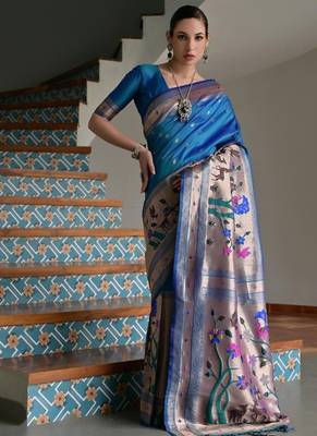teal color banarasi paithani art silk saree with blouse 3