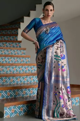 teal color banarasi paithani art silk saree with blouse