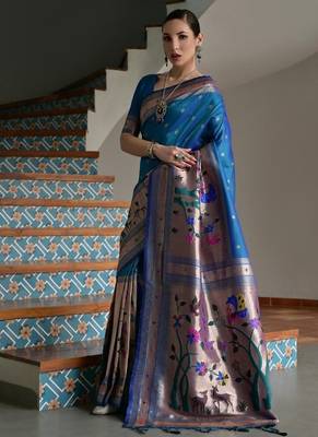 teal color banarasi paithani art silk saree with blouse 4