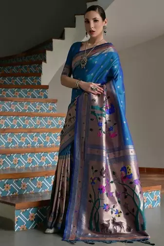 teal color banarasi paithani art silk saree with blouse