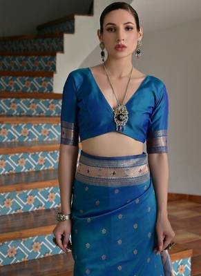 teal color banarasi paithani art silk saree with blouse 5