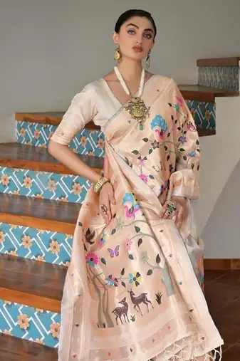 white color banarasi paithani art silk saree with blouse