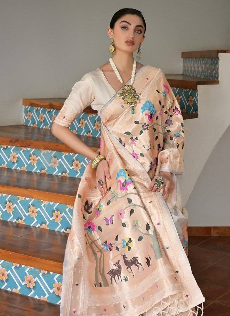 white color banarasi paithani art silk saree with blouse