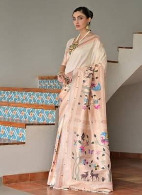 white color banarasi paithani art silk saree with blouse 2