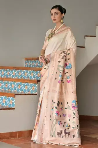 white color banarasi paithani art silk saree with blouse