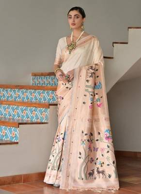 white color banarasi paithani art silk saree with blouse 3