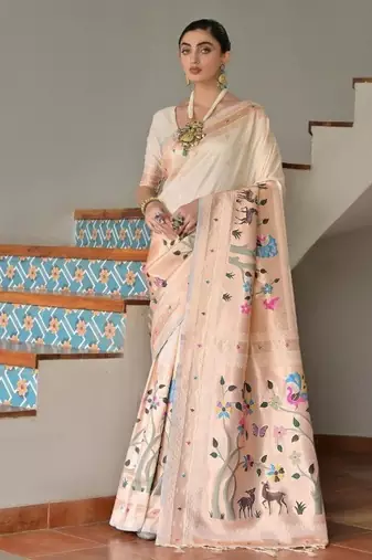 white color banarasi paithani art silk saree with blouse