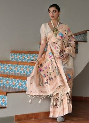 white color banarasi paithani art silk saree with blouse 4