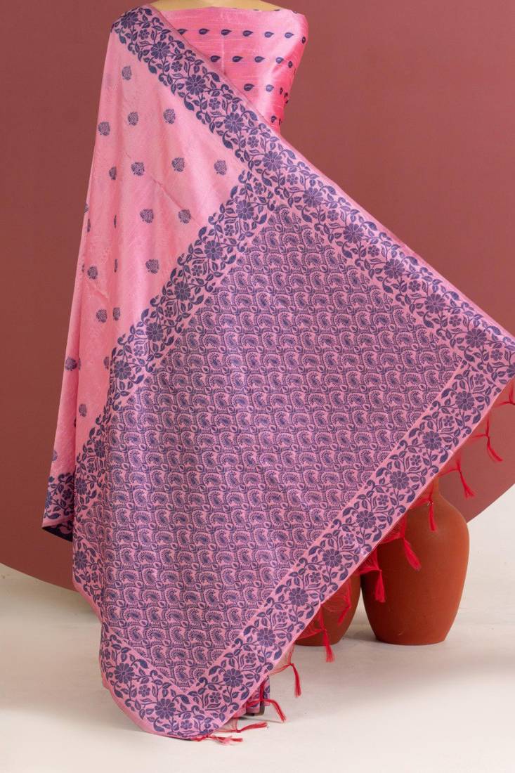 baby pink color art silk saree with printed blouse