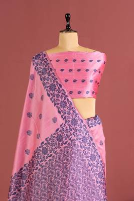 baby pink color art silk saree with printed blouse 2