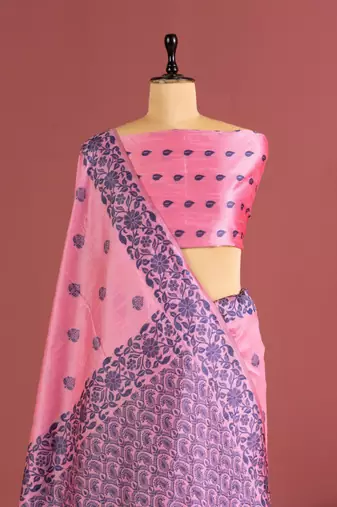 baby pink color art silk saree with printed blouse