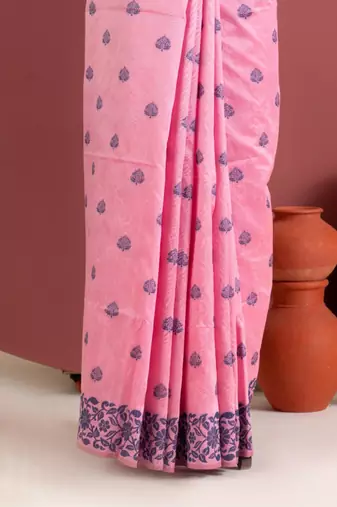 baby pink color art silk saree with printed blouse