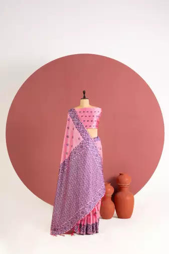 baby pink color art silk saree with printed blouse