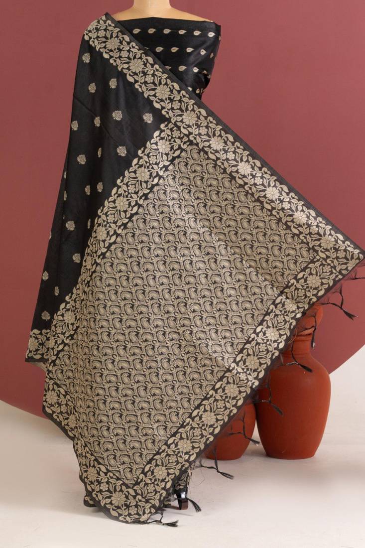 black  color art silk saree with printed blouse