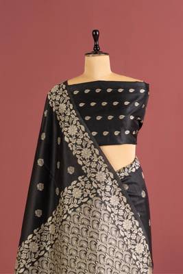 black  color art silk saree with printed blouse 2