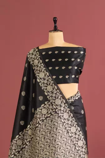 black  color art silk saree with printed blouse