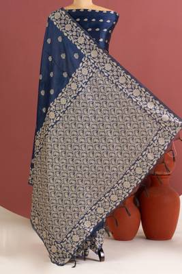 blue color art silk saree with printed blouse 1