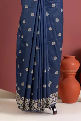 blue color art silk saree with printed blouse