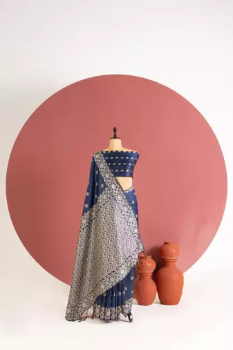 blue color art silk saree with printed blouse